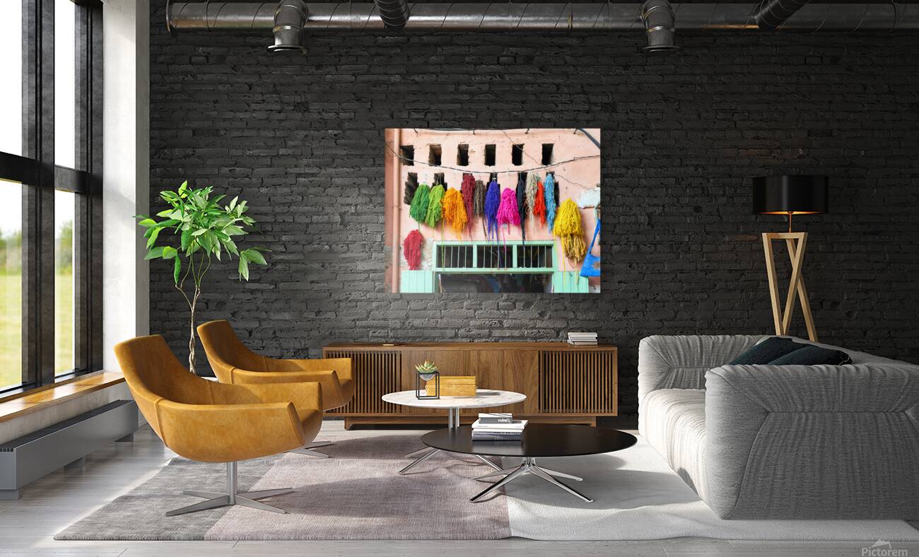 Hanging dyed threads in the dyers souk of Marrakesh Morocco Reproduction