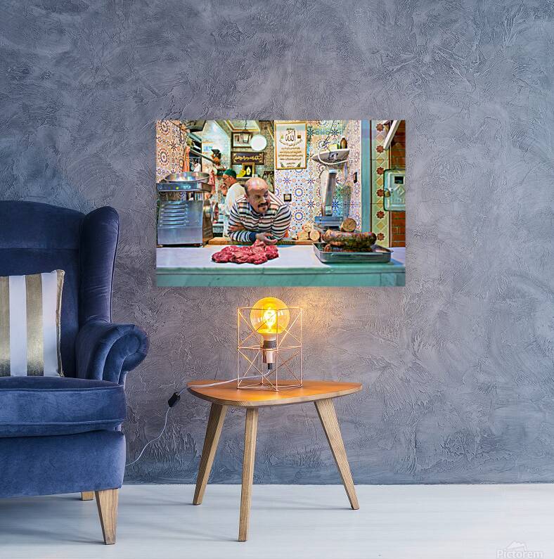 Meknes butcher in the souk selling fresh meat and sausages Reproduction