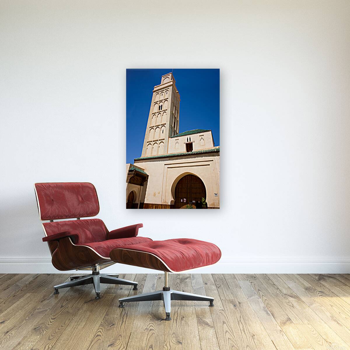 Visit Meknes mosque in Morocco with a tall tower and clear sky Reproduction