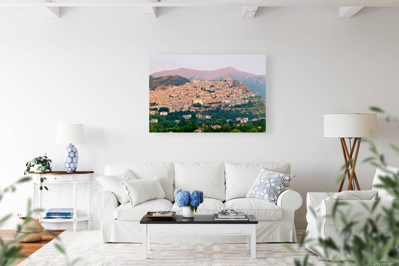 Panorama of Morano Calabro town at sunrise in Calabria Italy Reproduction