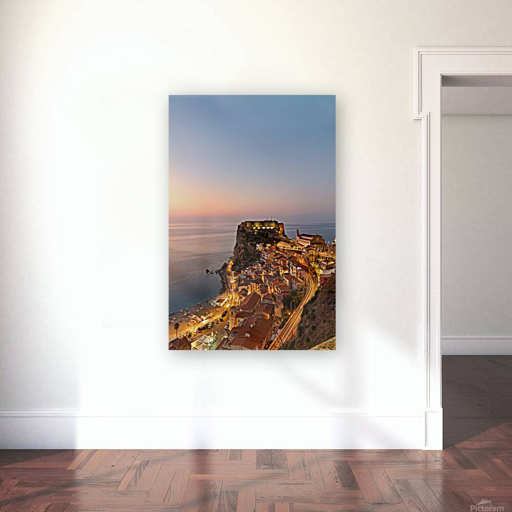 Elevated view of Ruffo castle and Scilla at sunset in Calabria Reproduction