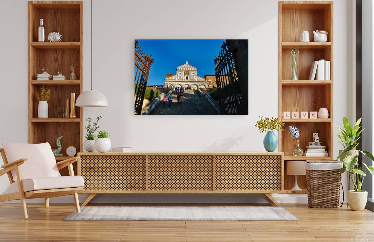 Visitors walk up the stairs to Basilica di San Miniato in Floren Reproduction
