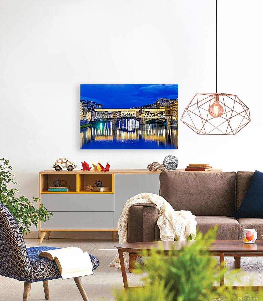 Ponte Vecchio bridge in Florence under evening sky over river Ar Reproduction