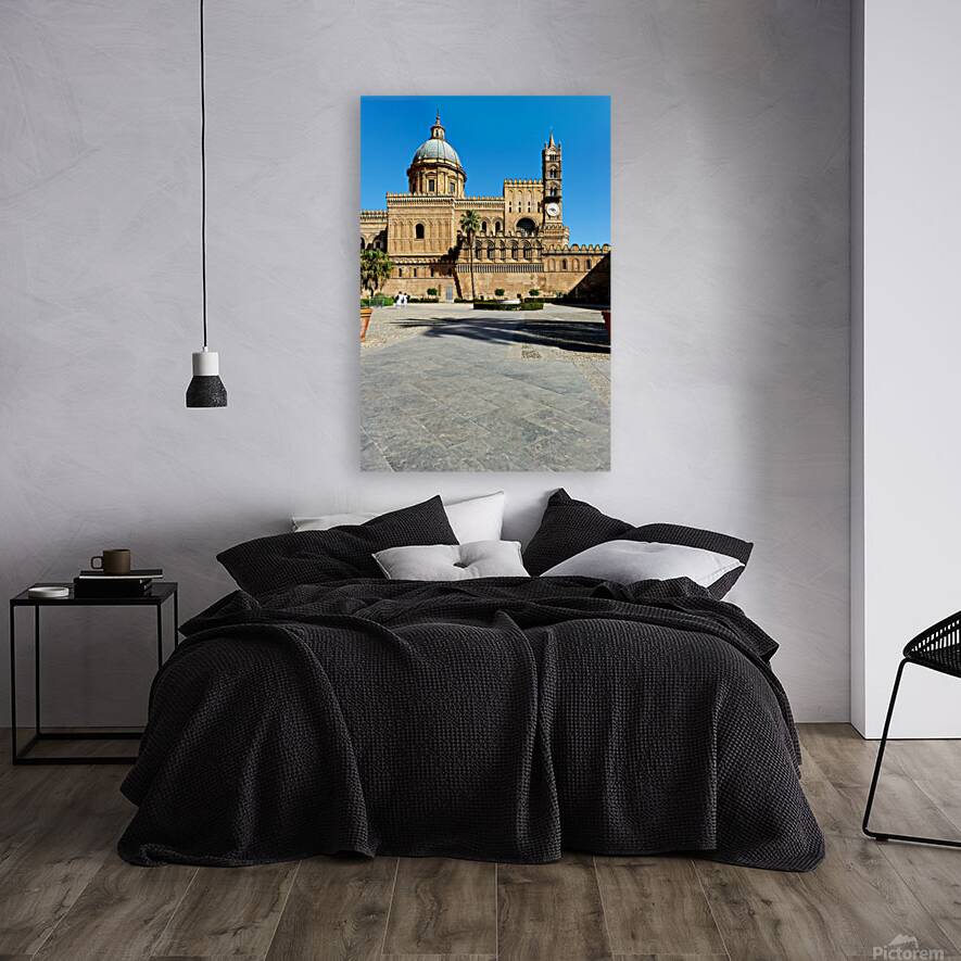 Palermo Cathedral in Sicily with clear blue sky and visitors Reproduction