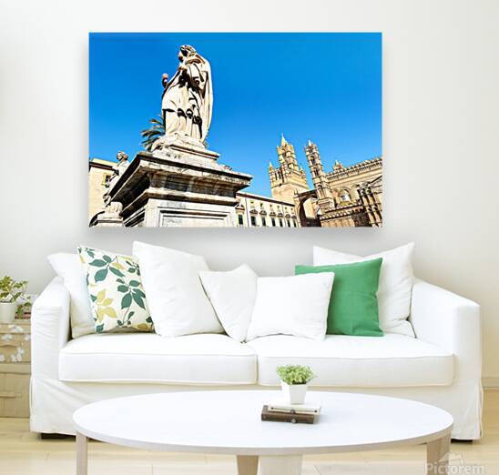 Palermo Cathedral shows statues under clear sky in Sicily Reproduction