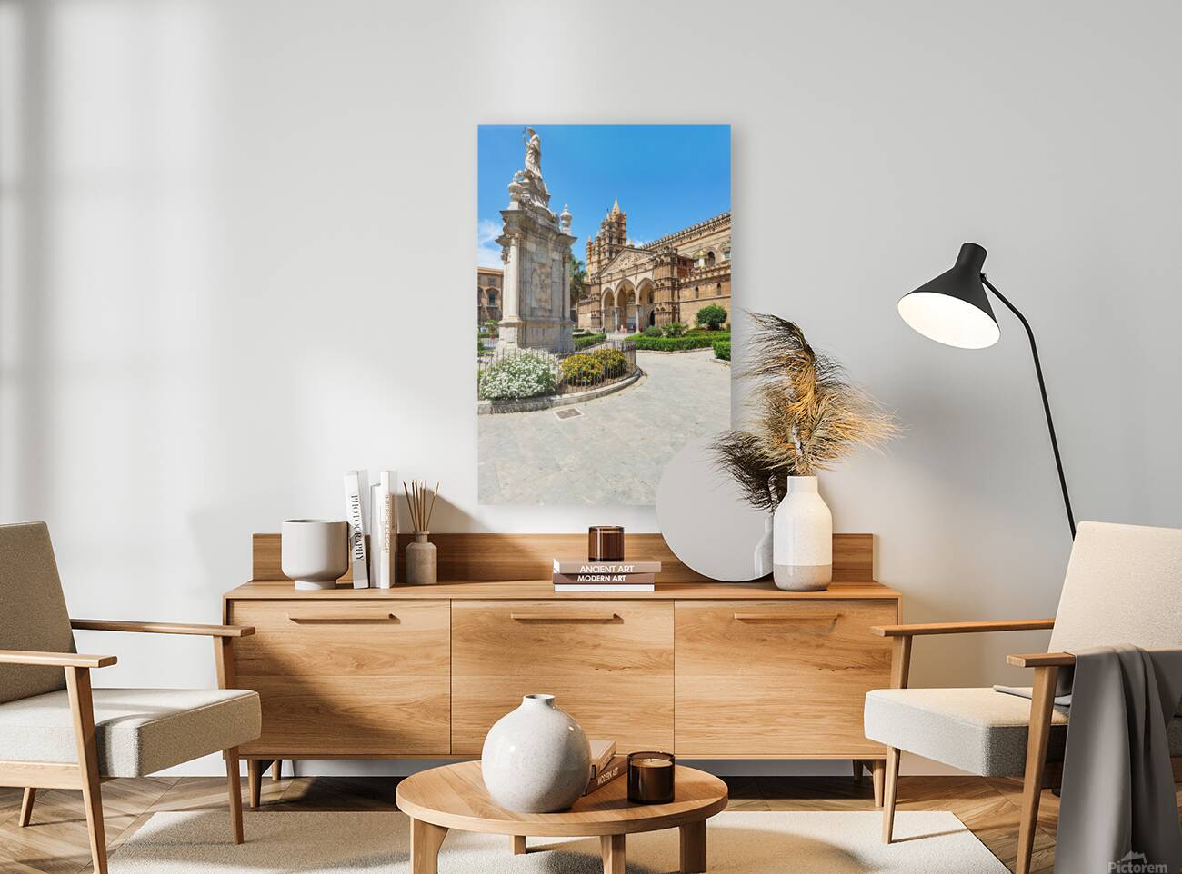 Palermo Cathedral stands tall with statue in front and blue sky Reproduction