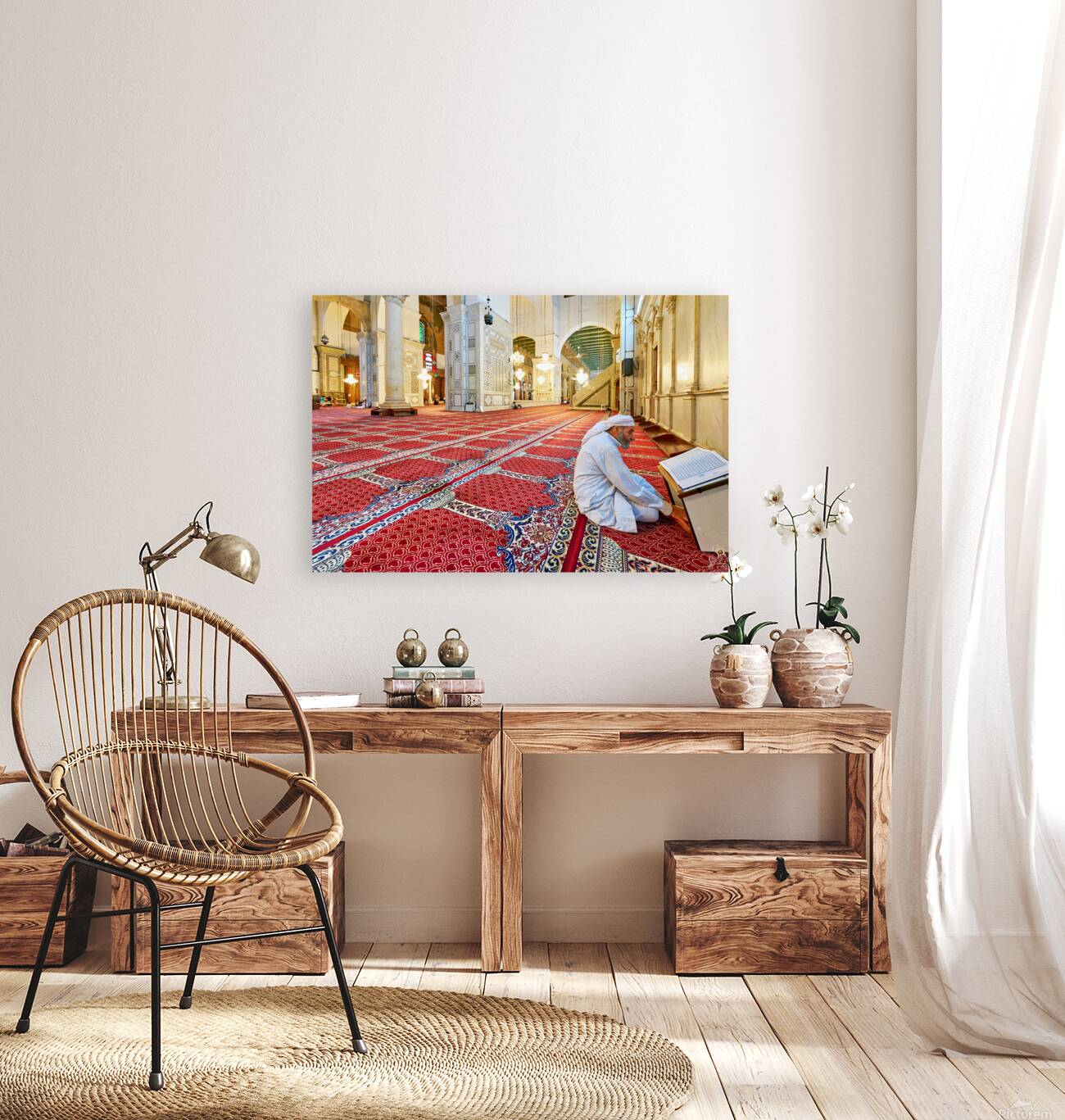 Visitor reading Quran in Umayyad Mosque in Damascus Reproduction