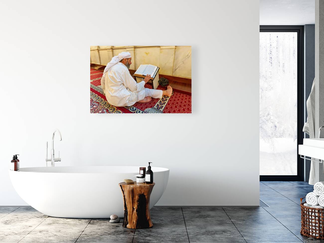Elderly man reading Quran inside Umayyad Mosque in Damascus Syri Reproduction