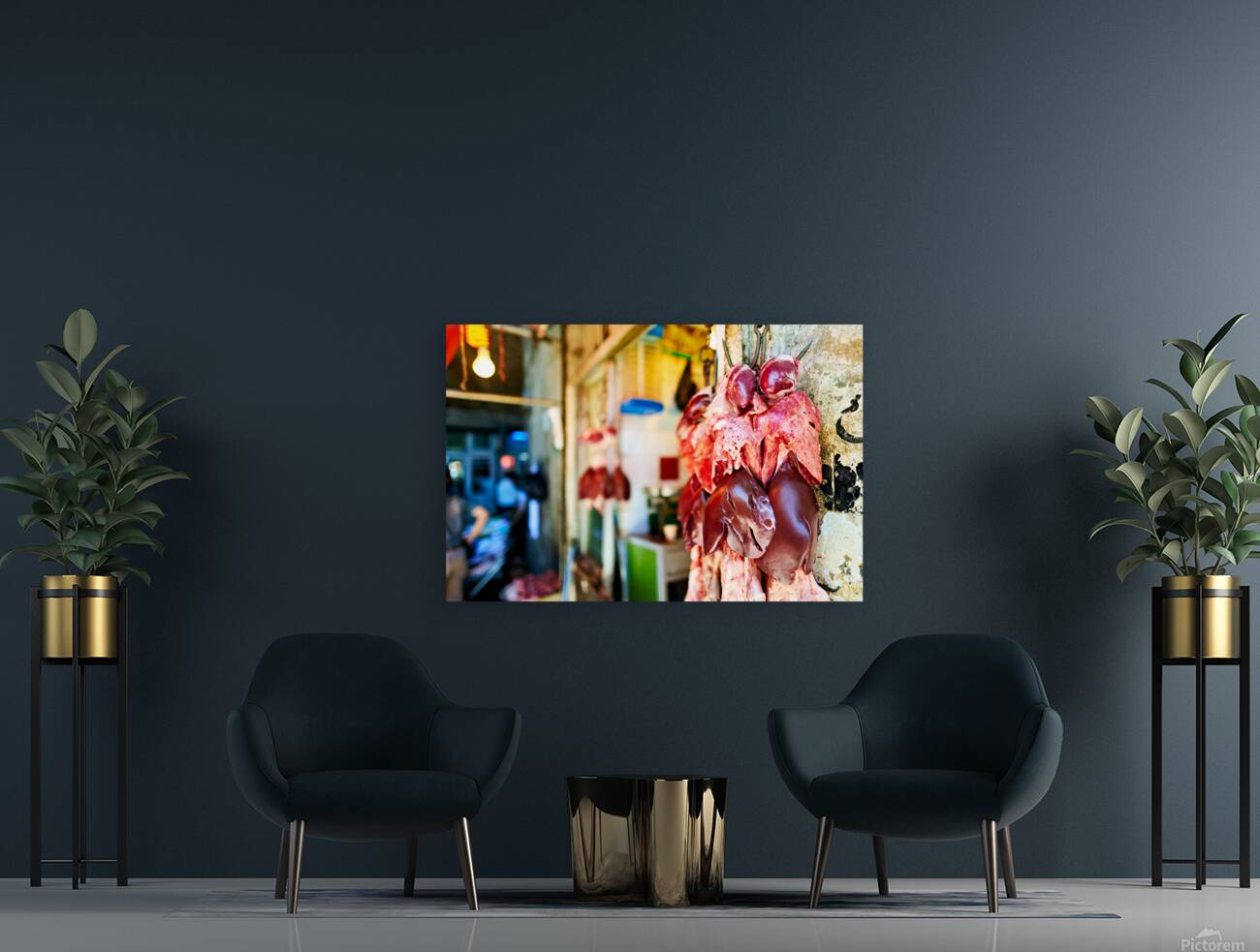 Butcher displays meat at souq in Aleppo Syria during the day Reproduction