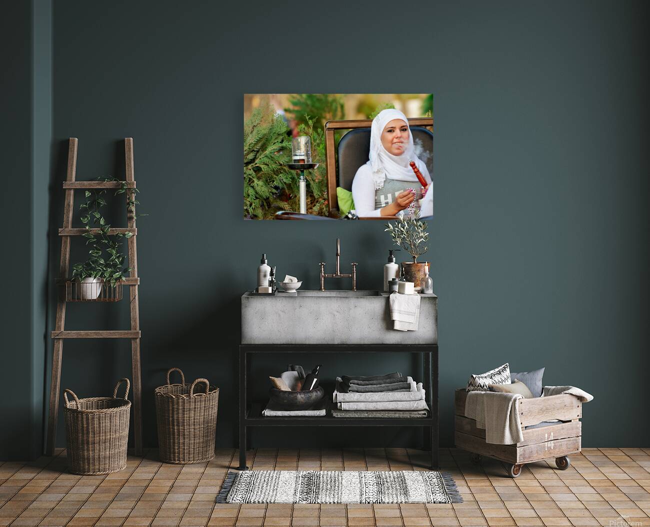 Young woman smokes hookah in outdoor cafe in Aleppo Syria Reproduction