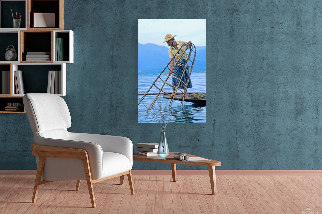 Fishing on Inle Lake in Myanmar with bamboo tools Reproduction