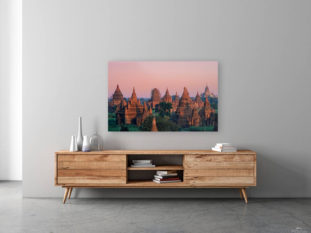 Temples in Bagan at dusk with a clear sky over Myanmar Reproduction