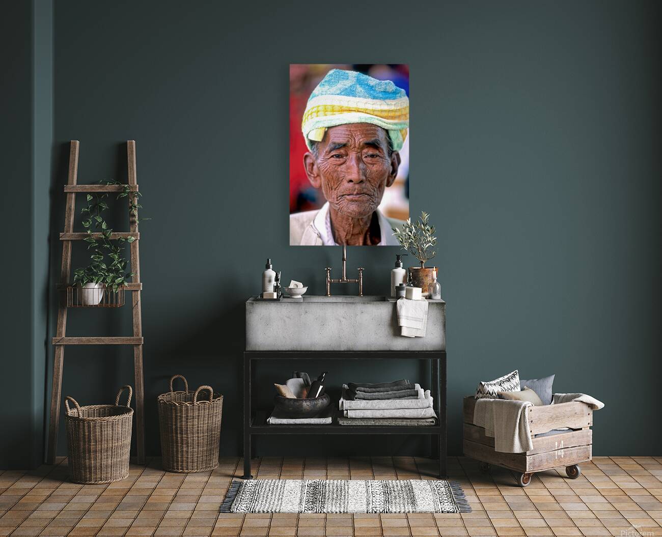 Portrait of an old man in Myanmar with a traditional head wrap Reproduction