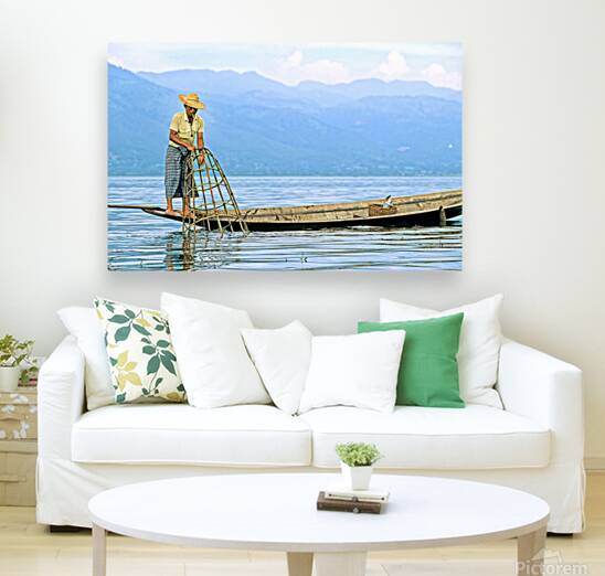 Traditional fishing on Inle Lake in Myanmar by local fisherman Reproduction