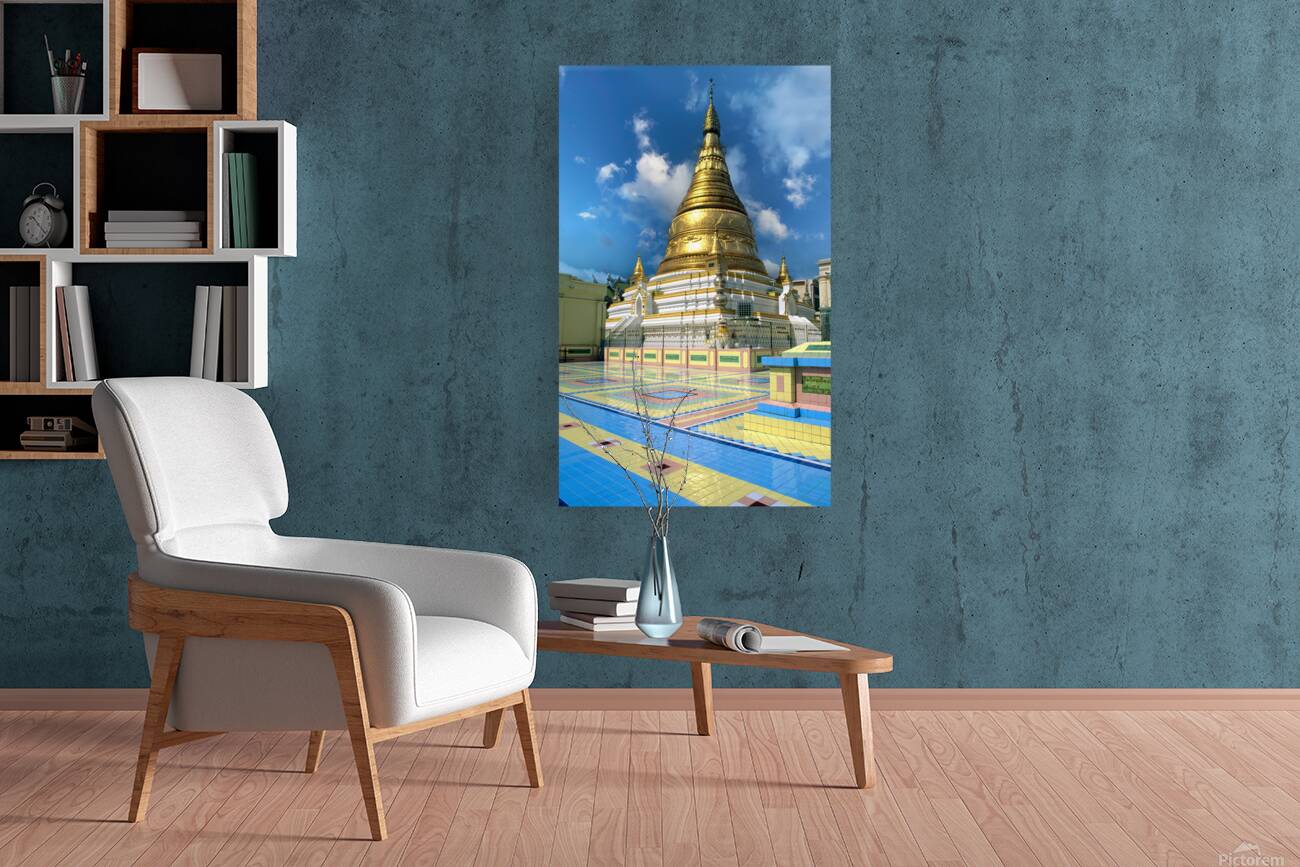 Golden stupa at Sagaing Paya in Myanmar under blue sky Reproduction