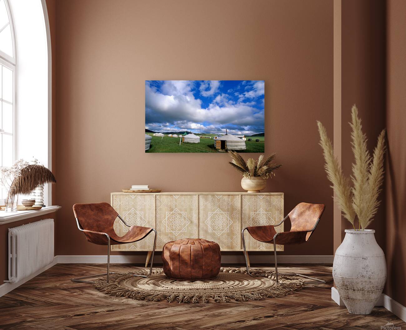 Mongolic nomadic tents in a grassland in Mongolia Reproduction