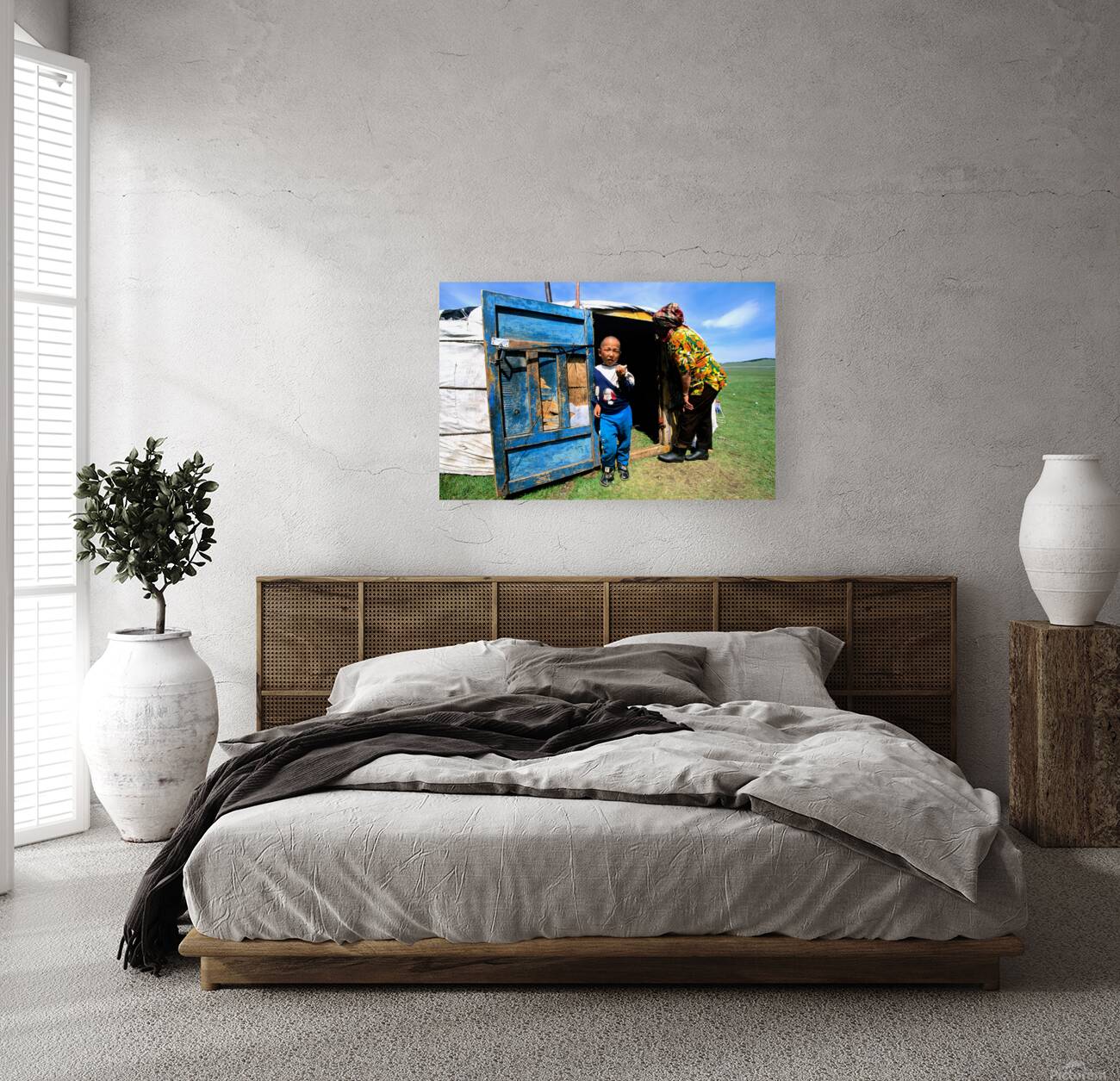 Ger tent in Mongolia with child and elder outside Reproduction