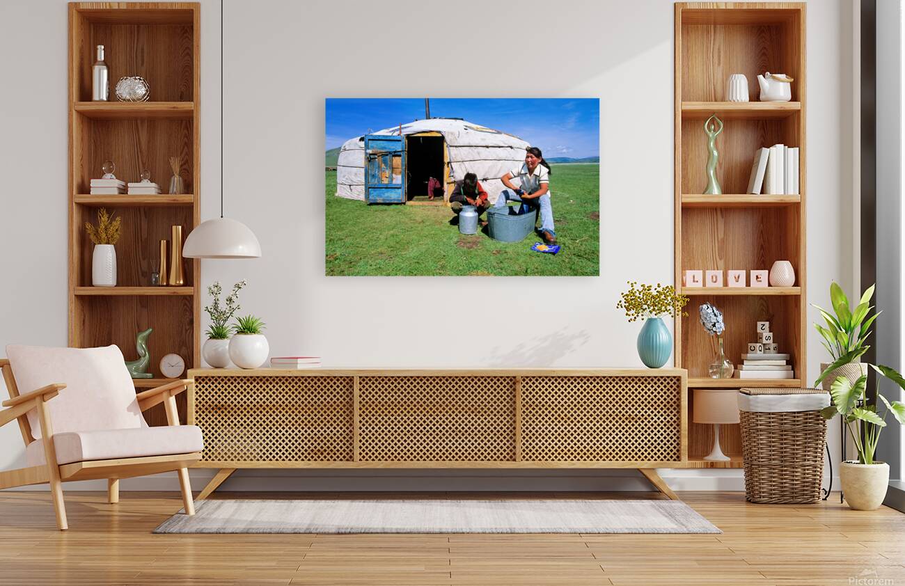 Mongolian ger in the countryside with people and daily activitie Reproduction