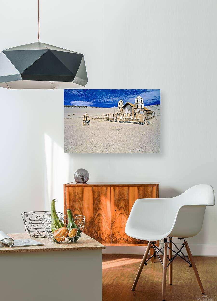 Old church ruins in a desolate sandy landscape. Reproduction