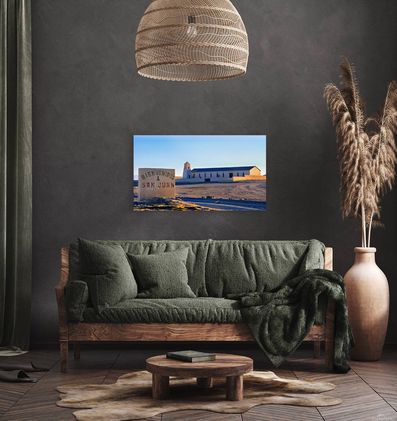 San Juan welcome sign and desert church building. Reproduction