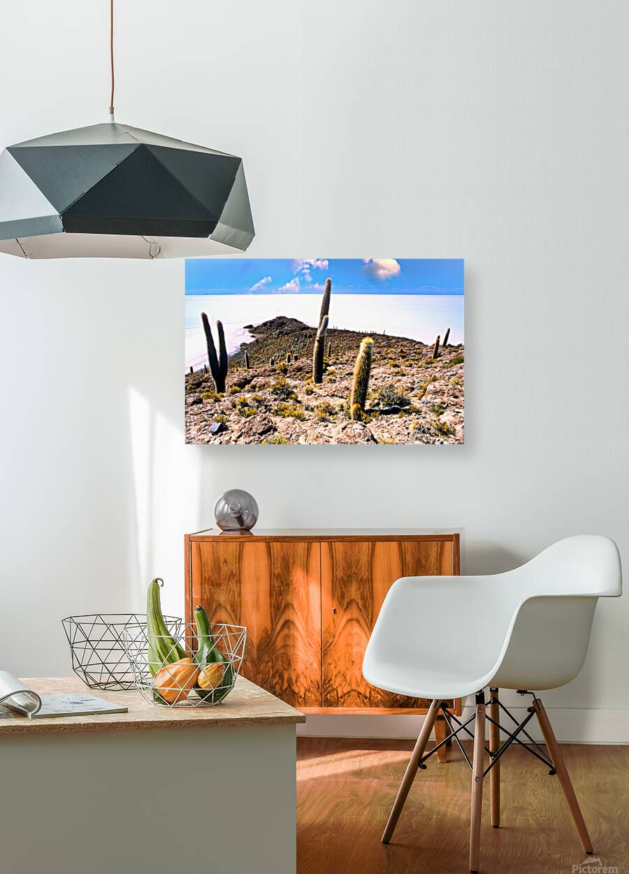 Cactus island in a vast white salt flat under blue sky. Reproduction