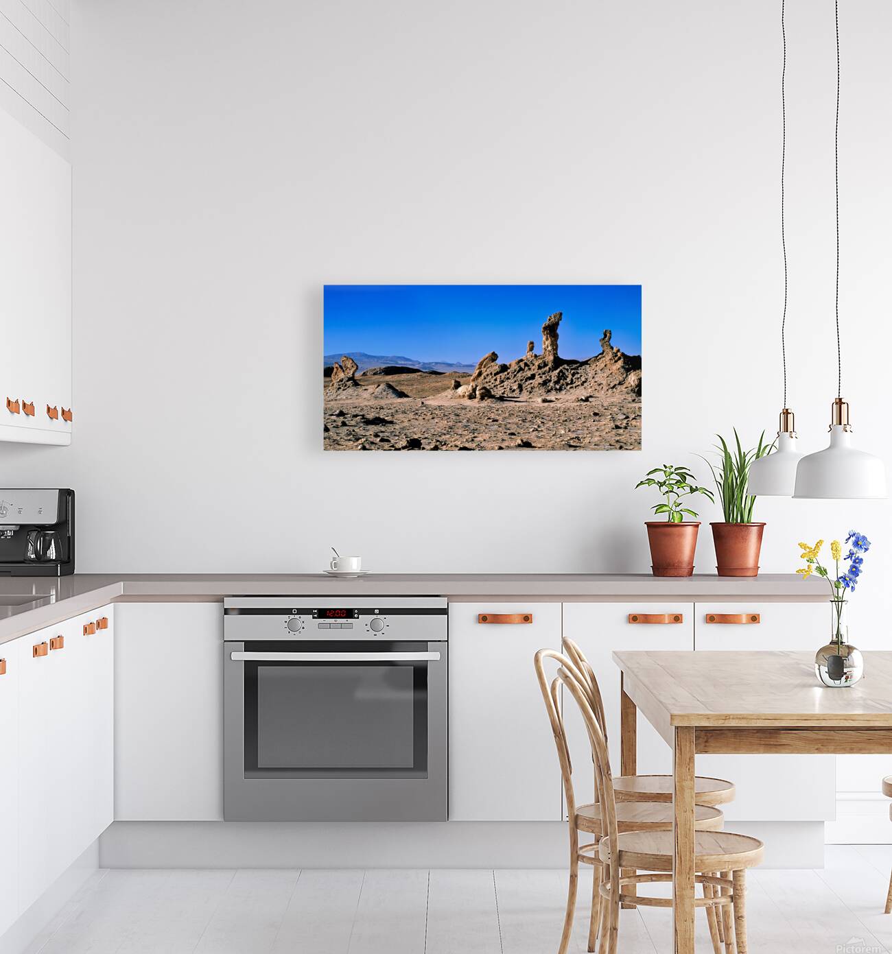 Arid desert with unusual rock pillars against a blue sky. Reproduction