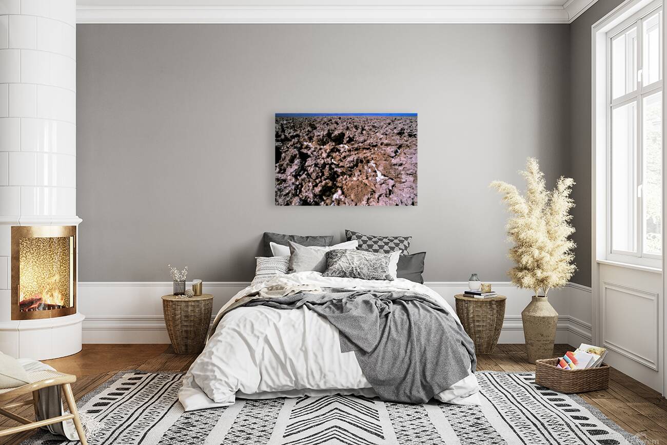 Salt encrusted desert floor under a bright blue sky. Reproduction