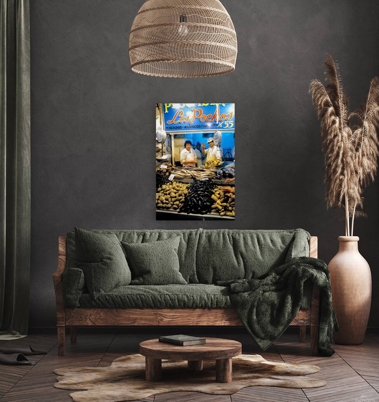 Lively fish market with fresh seafood and a peace sign. Reproduction