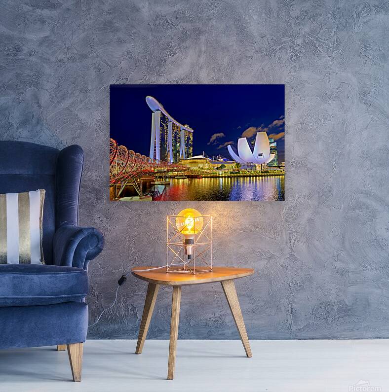 Sunset at marina bay sands artscience museum and helix bridge Reproduction