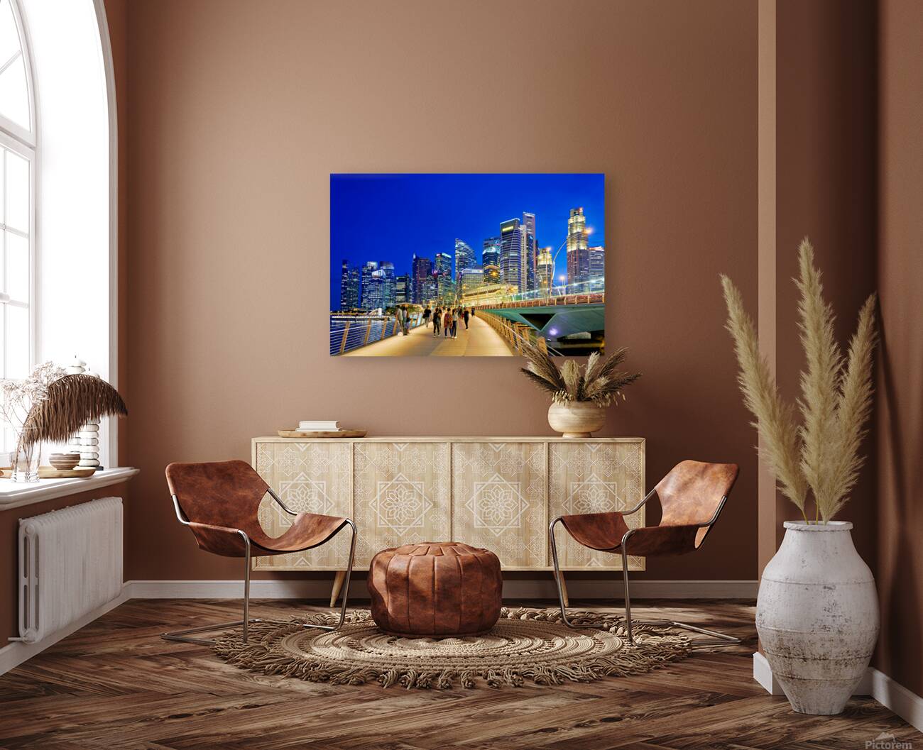 City skyline and people walking at sunset near Marina Bay Reproduction