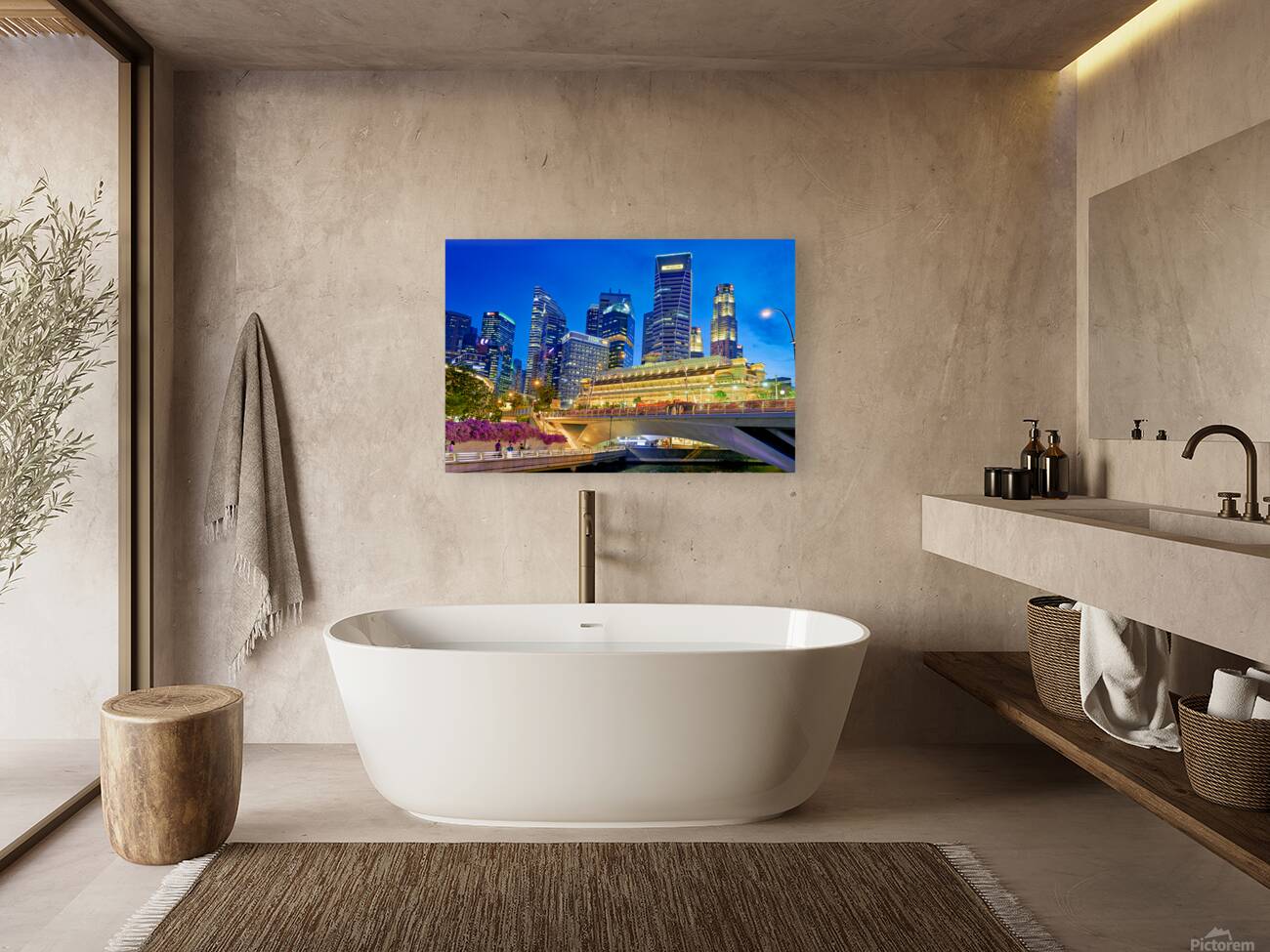 People walk by the waterfront in Marina Bay during sunset in Sin Reproduction