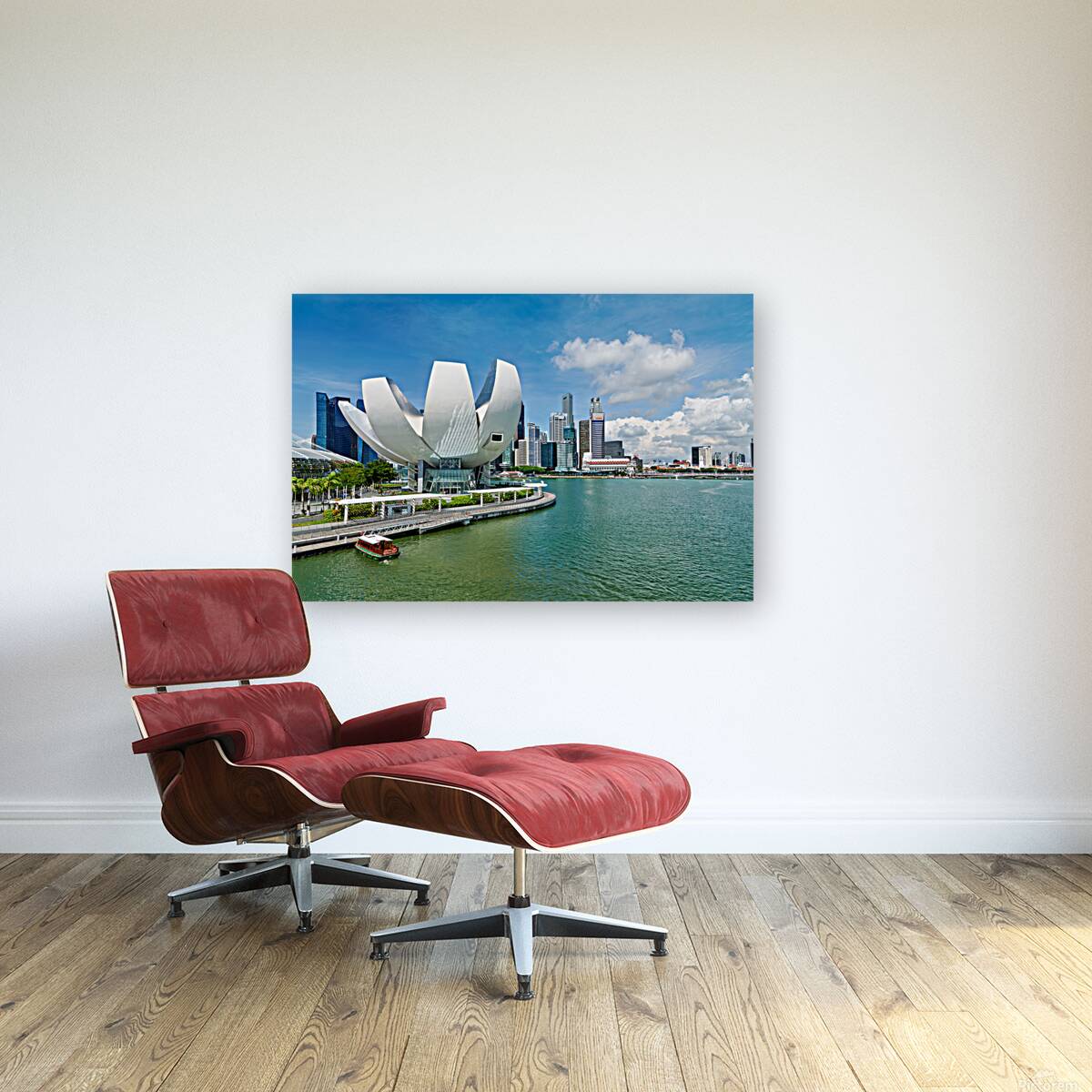 Visitors view ArtScience Museum and city skyline in Singapore Reproduction