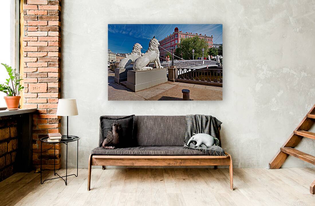 Lions guard the bridge in Saint Petersburg on a sunny day Reproduction