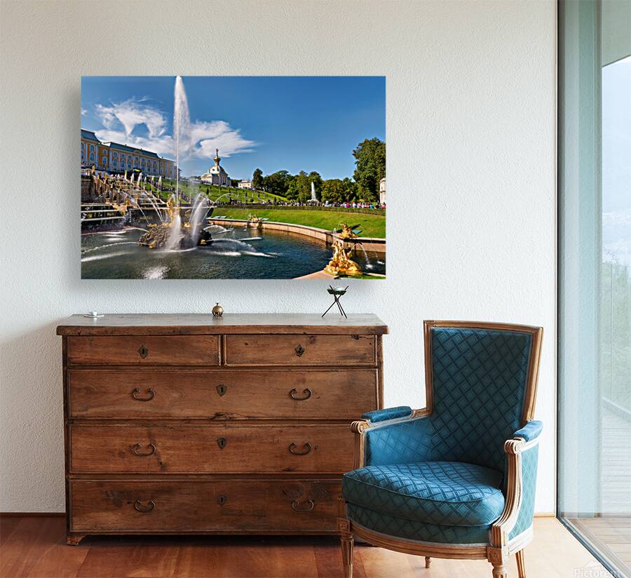 Visitors admire the fountains at Peterhof Palace Reproduction