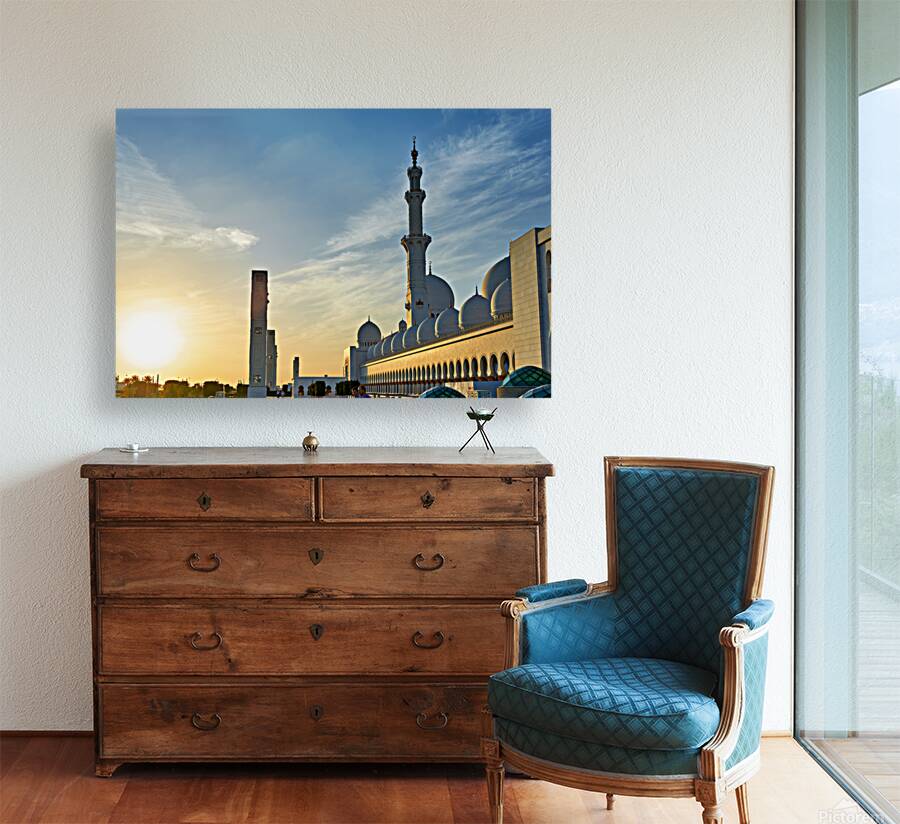 Visit to Sheikh Zayed Grand Mosque in Abu Dhabi at sunset Reproduction