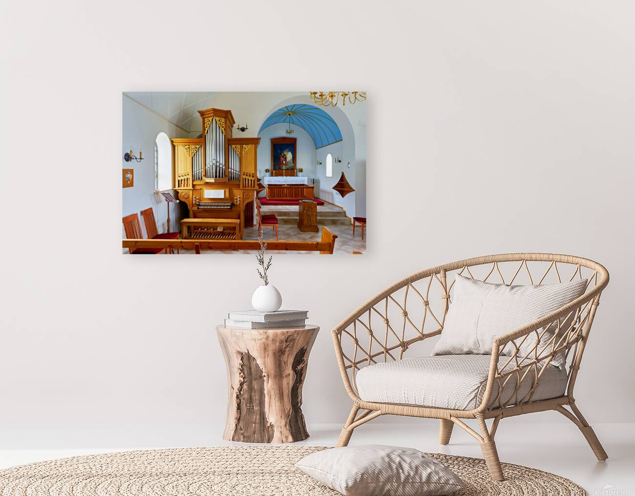Wooden church interior with organ in Vik i Myrdal Iceland Reproduction