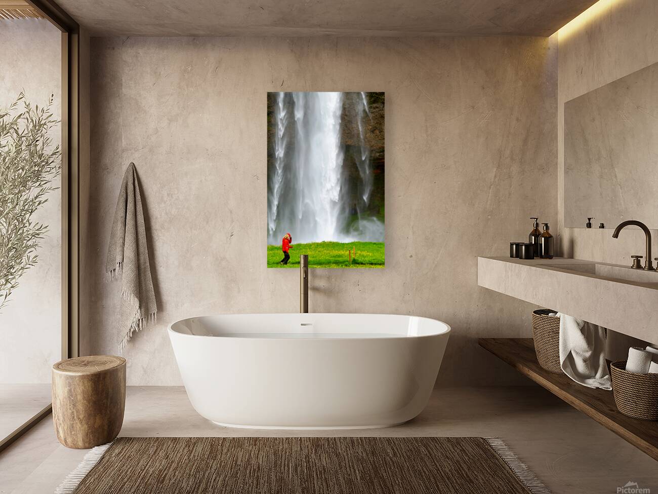 Woman walks near Seljalandsfoss waterfall in Iceland Reproduction