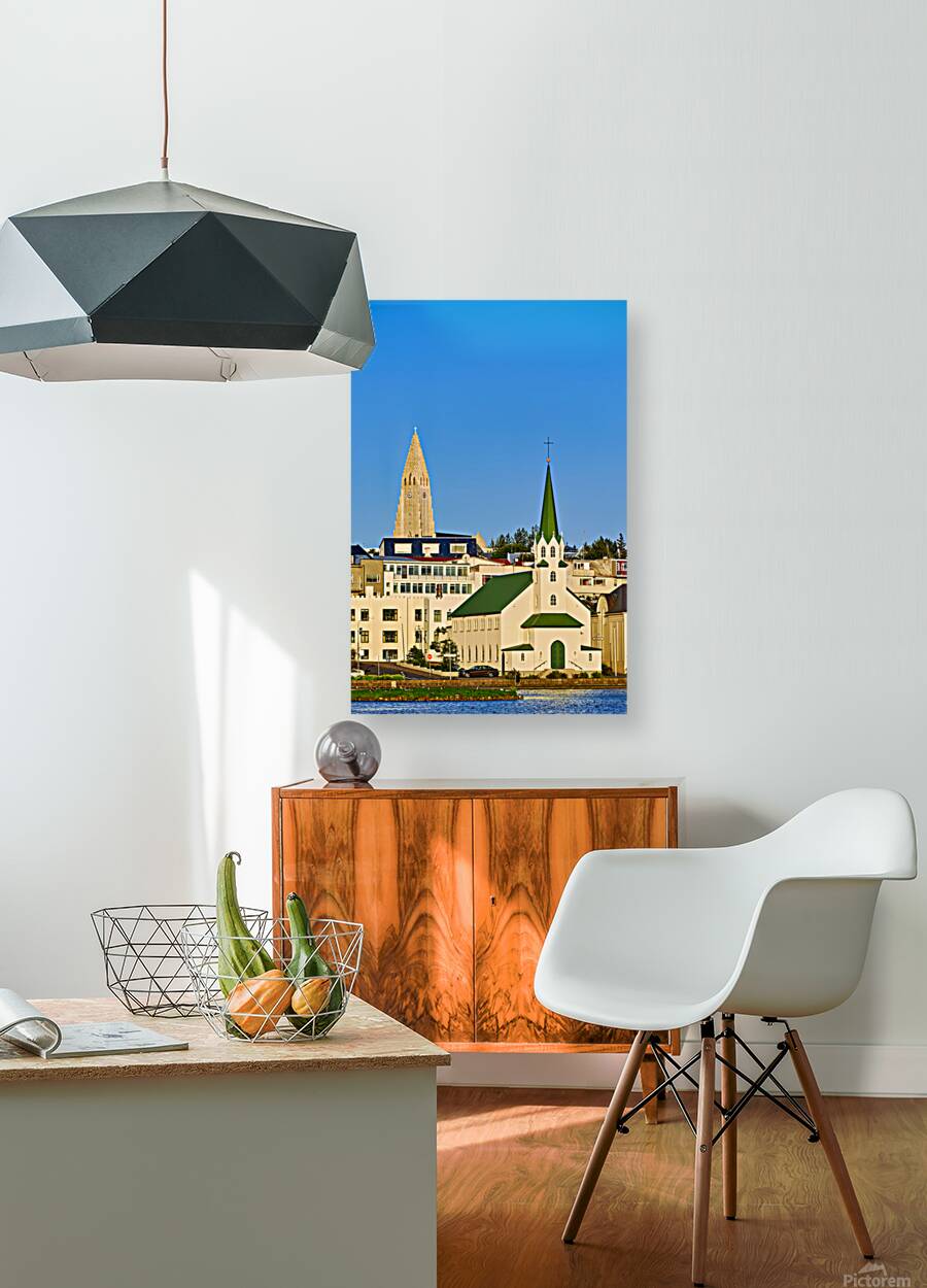 Lutheran free church by lake Tjornin and Halgrimskirkja Reproduction