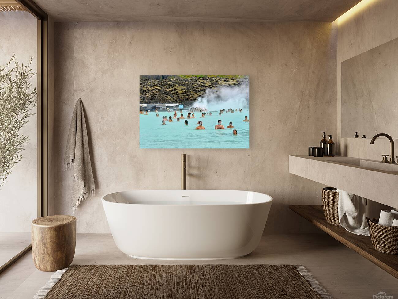 Visitors enjoy Grindaviks blue lagoon spa by day Reproduction