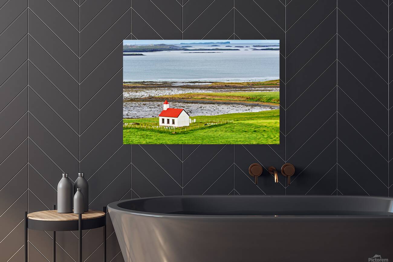 Church stands in western fjords of Iceland near the sea Reproduction