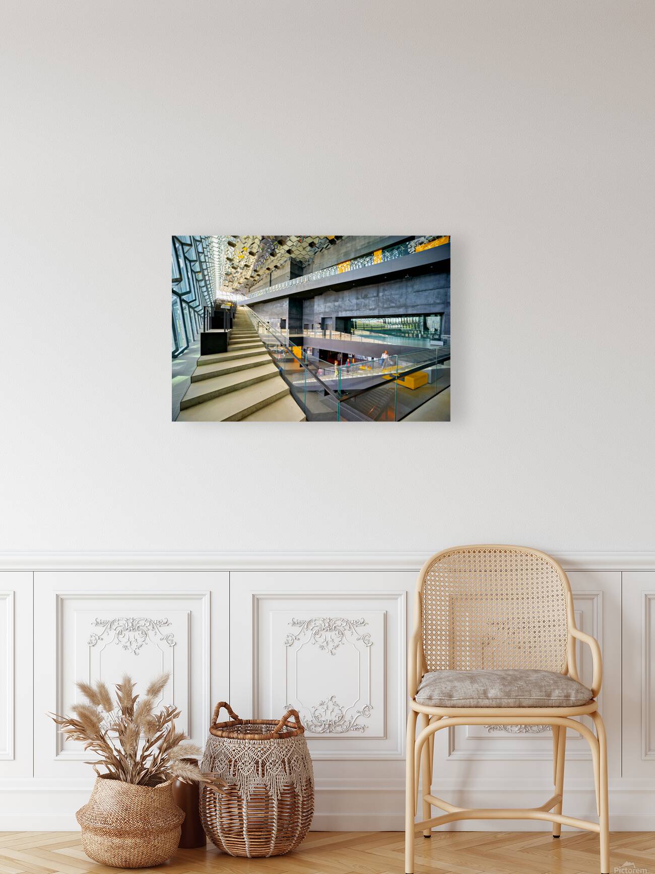 Exploring the interior of Harpa Opera House in Reykjavik Iceland Reproduction