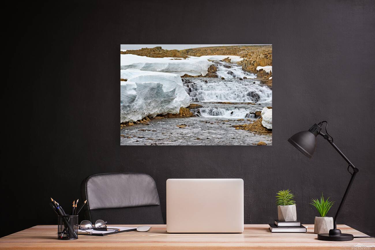 Flowing water and snow near Djupvegur in Iceland Reproduction