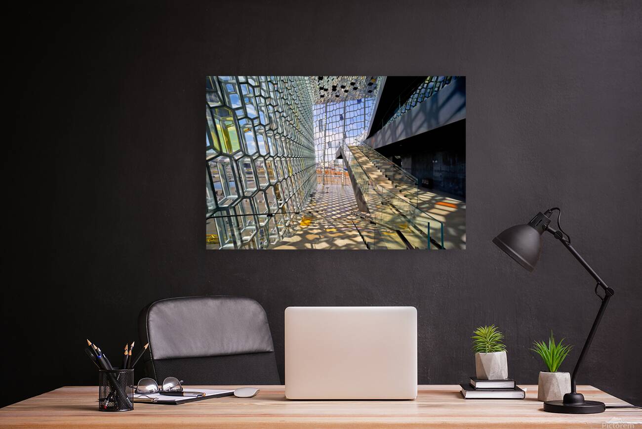 Exploring Harpa Opera House in Reykjavik Iceland on a sunny day Reproduction