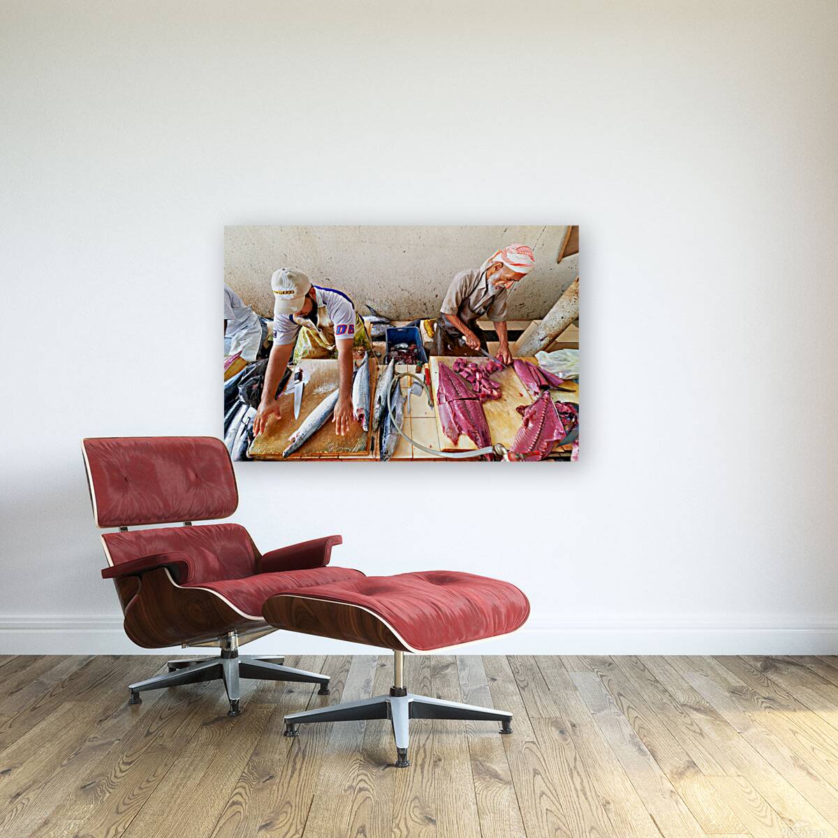 Fish market in Muscat Oman shows workers preparing fish Reproduction