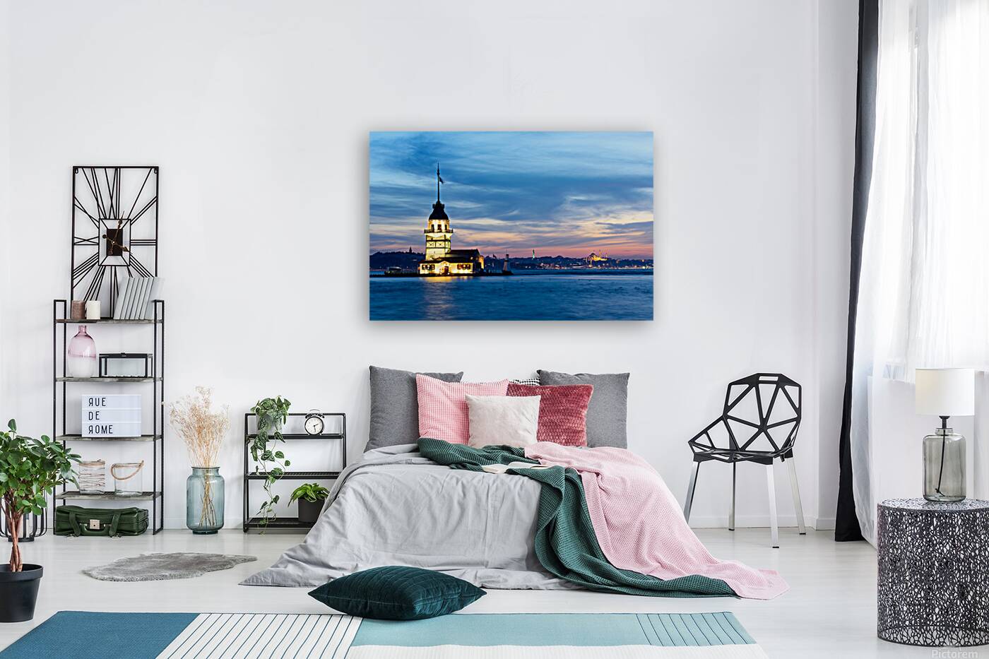 View of Maidens Tower on Bosphorus at sunset in Istanbul Reproduction