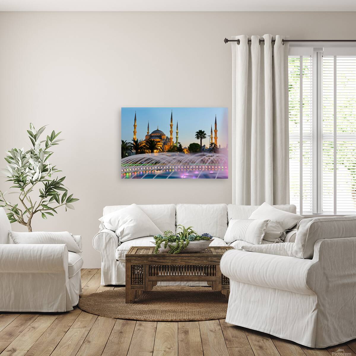 Visit to Blue Mosque and fountain at twilight in Istanbul Reproduction