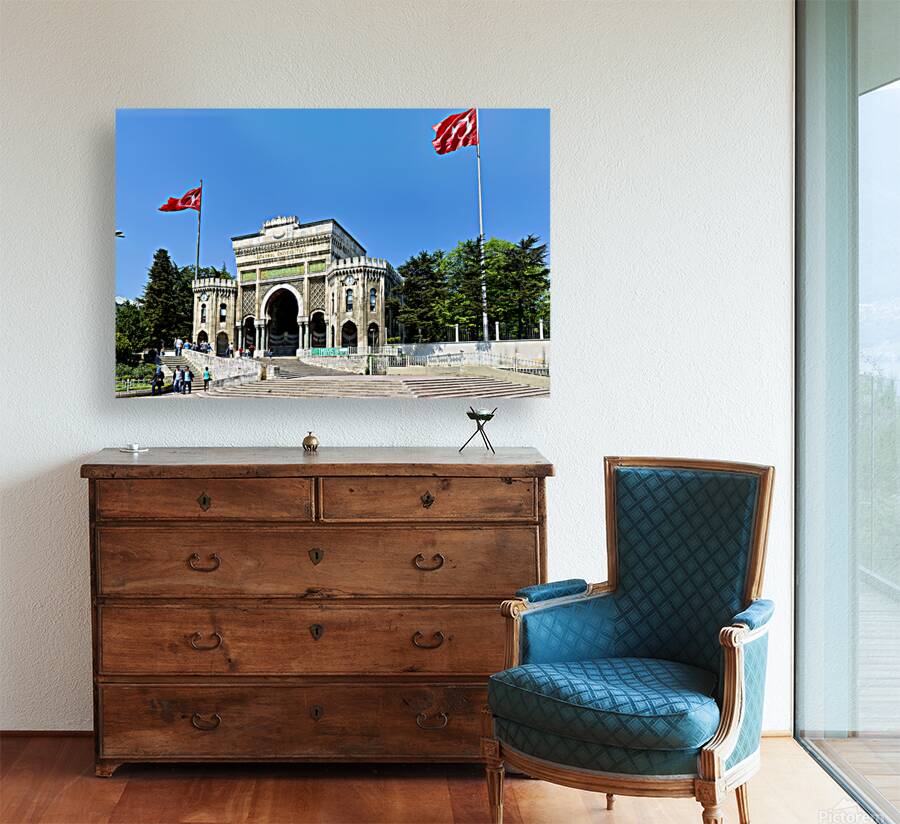 Historic university building in Istanbul Turkey with flags Reproduction