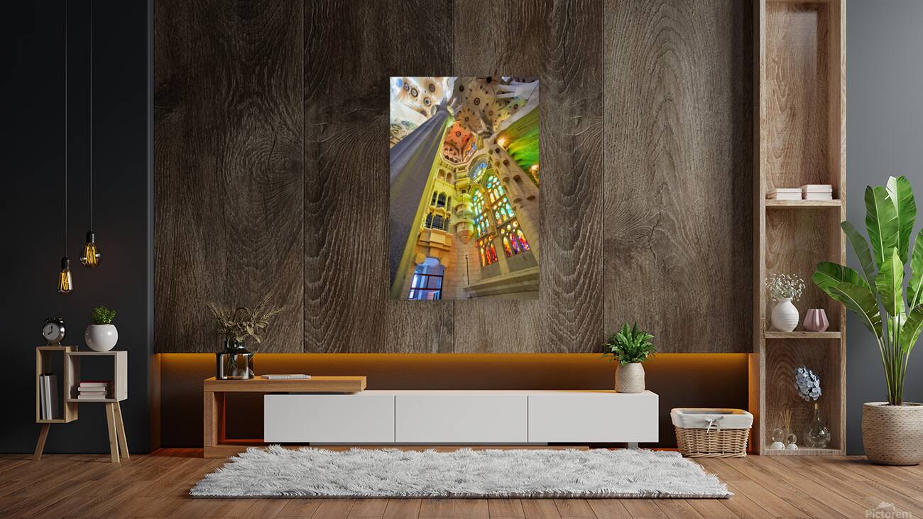 View of colorful windows inside Basílica de la Sagrada Família Reproduction