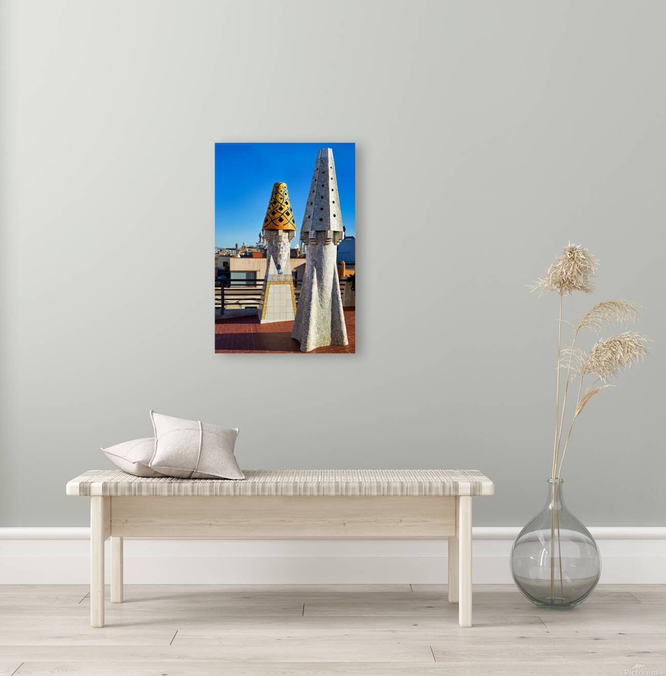 Exploring the rooftop of Palau Guell in Barcelona Spain Reproduction