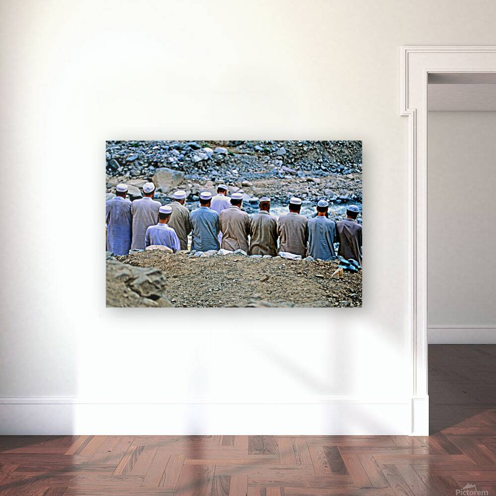 Muslim men pray outdoors in Pakistan facing Mecca Reproduction